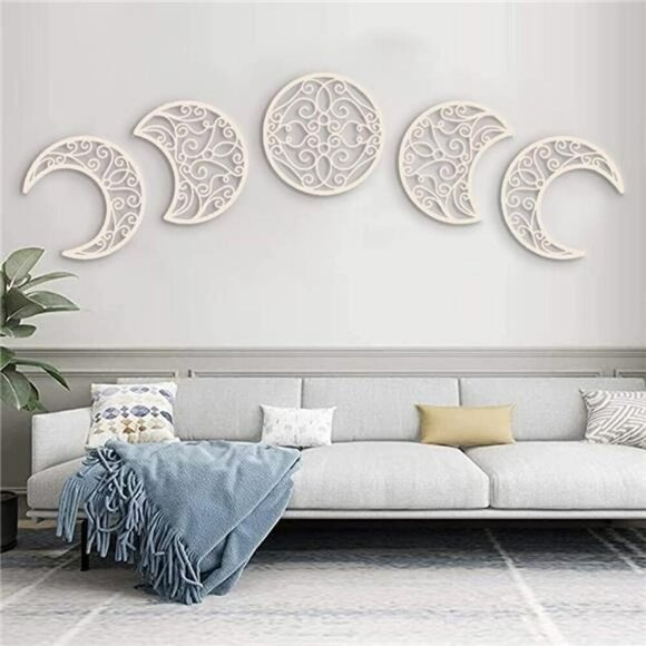 Nordic Wood Moon Phase Wall Art (5 Pieces) - Natural Design, Boho Bedroom - Picture 1 of 8